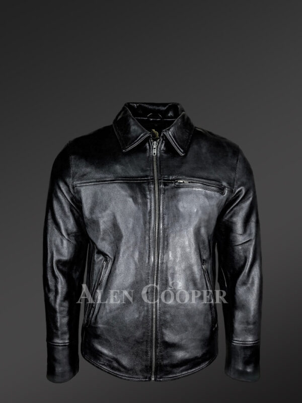 Men’s Black Leather Jacket With Regular Shirt Collar - Alen Cooper