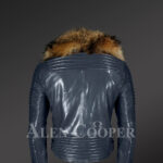 Men's Navy Motorcycle Biker Jacket With Detachable Raccoon Fur Collar with new Back Side views