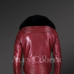 New Men's Wine Color Motorcycle Biker Jacket with Detachable Fox Fur Collar back side view