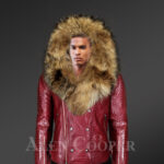 Stylish wine color detachable moto leather jackets for men with Finn raccoon fur collar and frontline