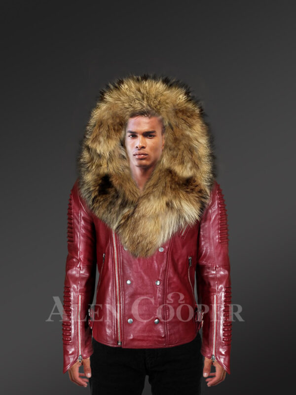 Stylish wine color detachable moto leather jackets for men with Finn raccoon fur collar and frontline