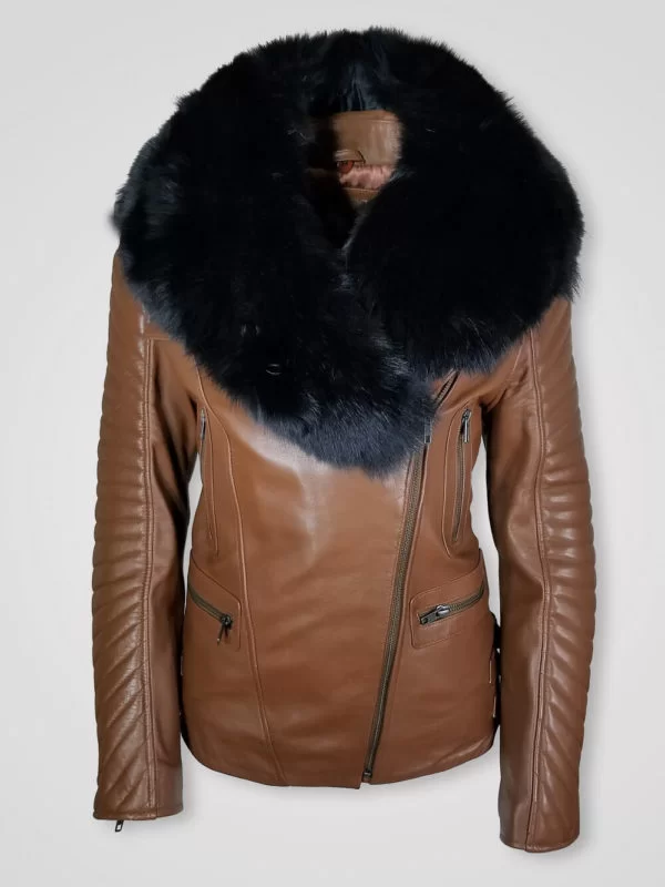 BLACK SHEARLING COLLAR PURE LEATHER JACKET FOR WOMEN