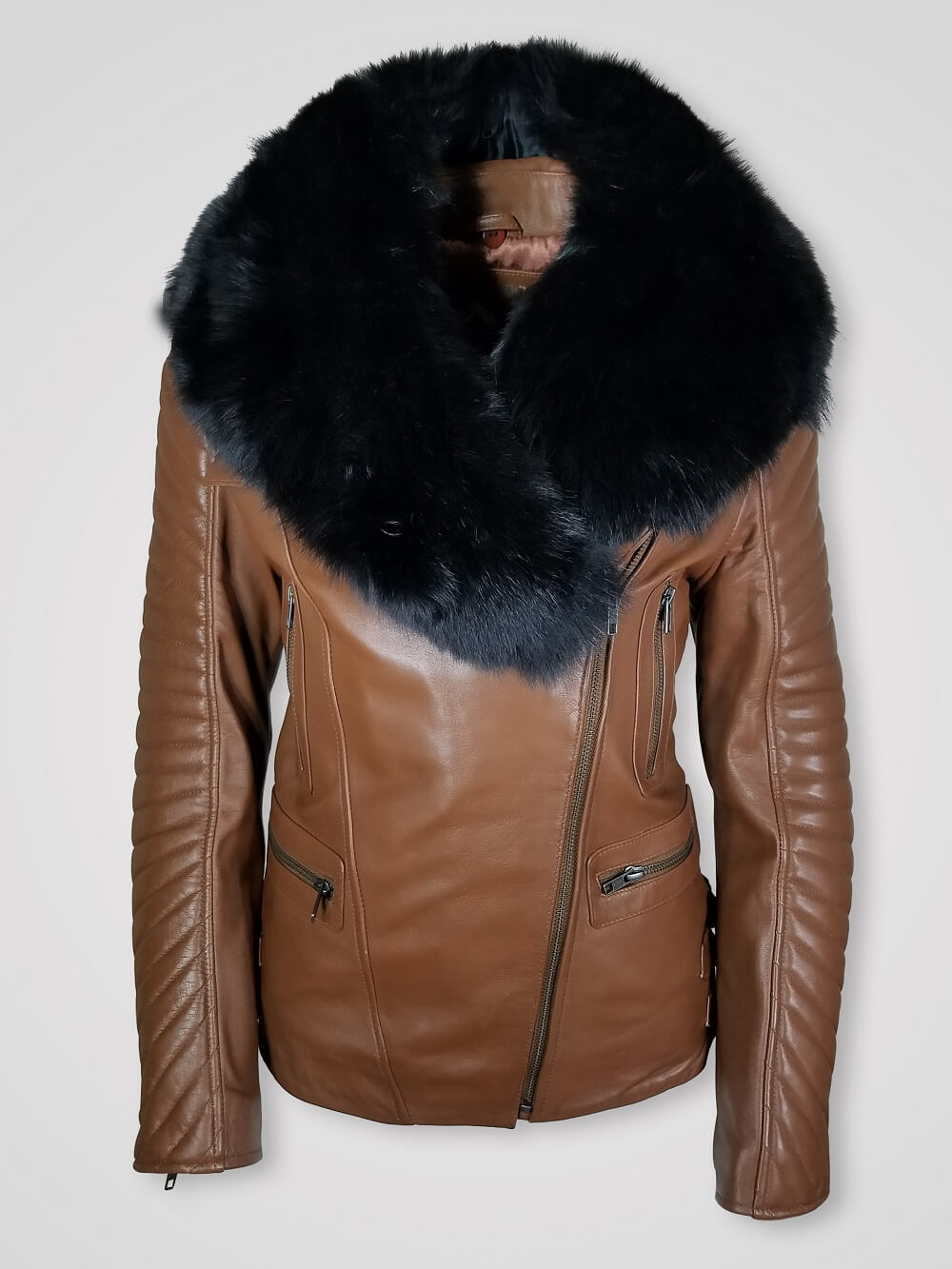 Black shearling collar pure leather jacket for women - Alen Cooper