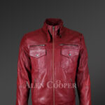 Men's Moto Biker Jacket With 2 Patch Pockets In Front and Belted Collar in Wine