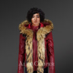 ROMANCE CLASSIC CUT LEATHER JACKET WITH NATURAL FUR TRIM WITH HOOD WITH MODEL