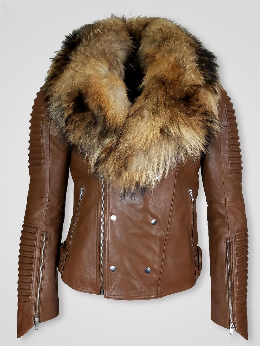 Men S Tan Color Motorcycle Biker Jacket With Detachable Rac Fur Rac Fur Collar Pure Leather Jacket For Men