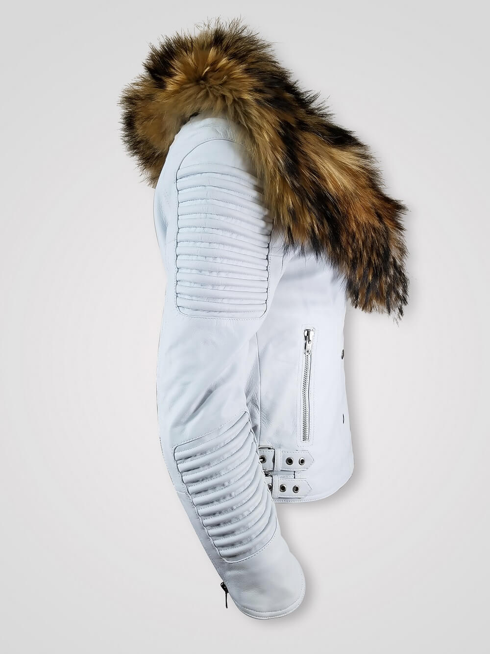 white leather jacket with fur