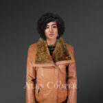 Stunning Tan Italian Leather Jacket with Shearling Collar for Women new
