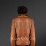 Stunning Tan Italian Leather Jacket with Shearling Collar for Women new back side view