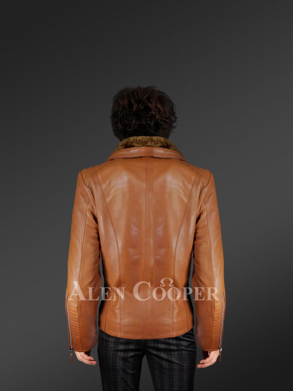Stunning Tan Italian Leather Jacket with Shearling Collar for Women new back side view