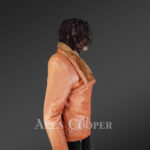 Stunning Tan Italian Leather Jacket with Shearling Collar for Women new side view