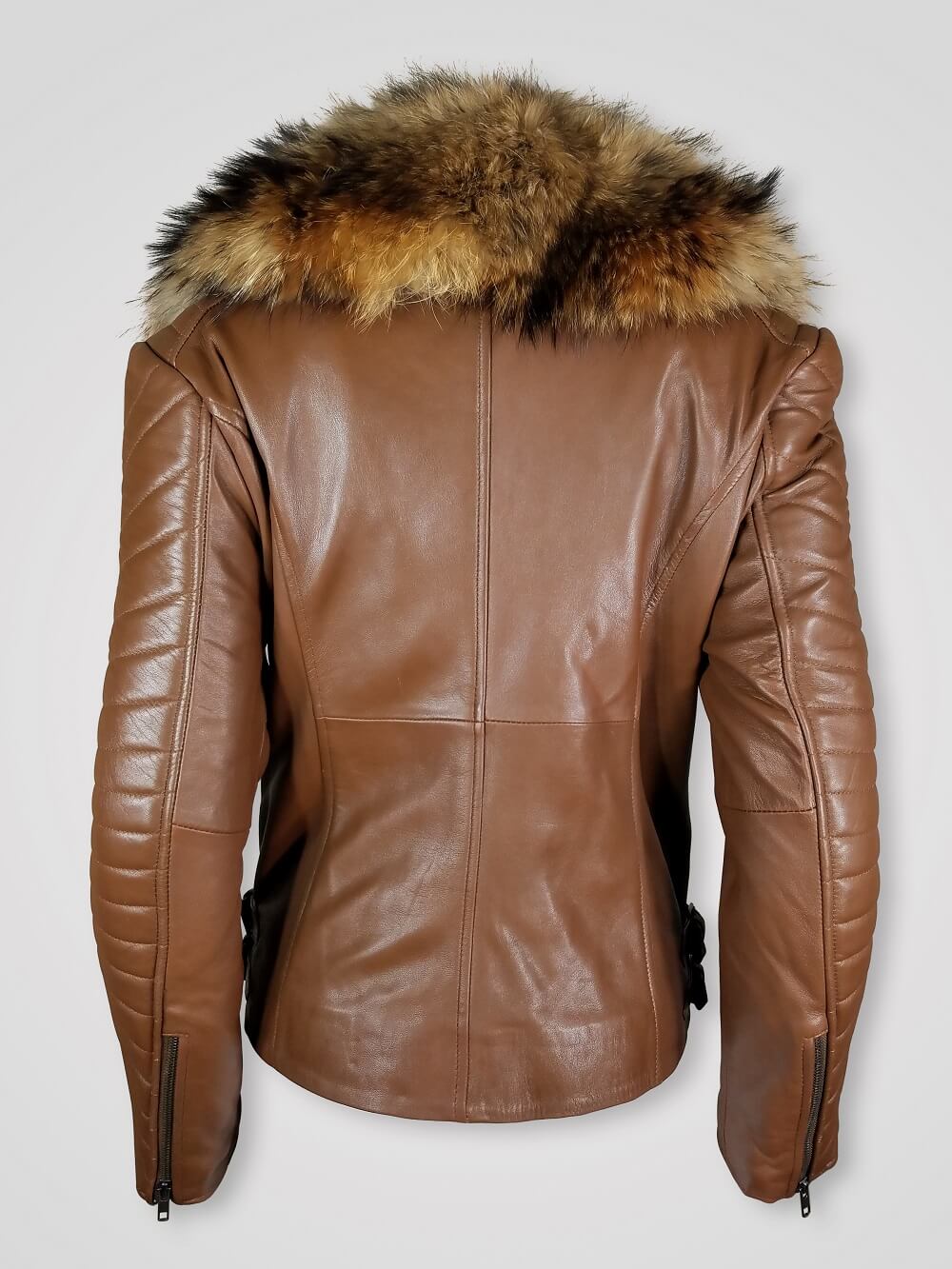 Tan Colored Slim Fit Women’s Jacket with Raccoon Fur Collar