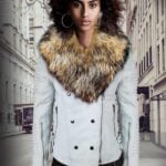 WOMEN’S MOTORCYCLE BIKER JACKET WITH DETACHABLE RACCOON FUR COLLAR AND PIPED SLEEVES IN WHITE