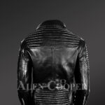 Women's Motorcycle Biker Jacket with Piped Sleeves in Black back side view