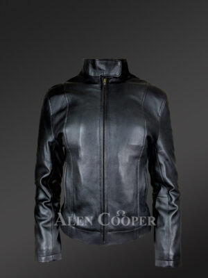 Women's Real Leather Biker Jacket With Cross Pockets In Black