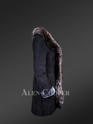Women’s Tuxedo Merino Shearling with Silver Fox Fur in Coffee new modle Sideview