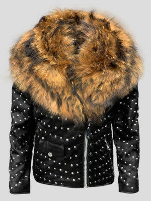 Real leather down biker jacket with raccoon fur collar