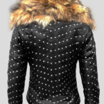 Real leather down biker jacket with raccoon fur collar backside view