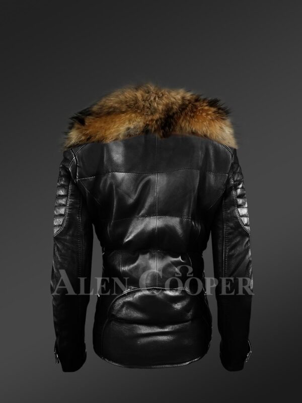 Women’s Quilted Black Motorcycle Biker Jacket with Detachable Raccoon Fur Collar new Back side view