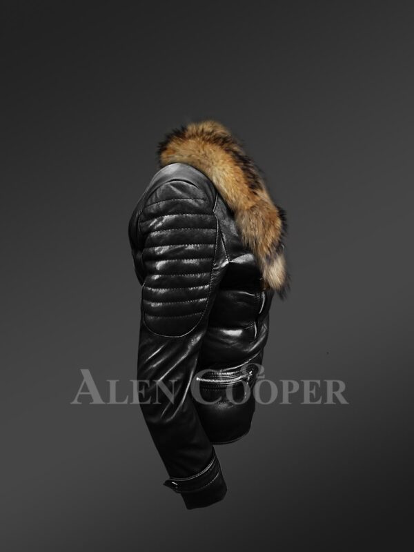 Women’s Quilted Black Motorcycle Biker Jacket with Detachable Raccoon Fur Collar new side view