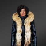 Women’s Short Length Leather Parka in Black with Raccoon Fur Trim In Front and Hood New