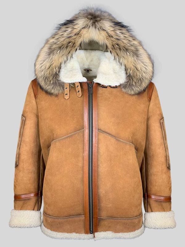Cowboy styled real shearling winter outerwear with hood jacket