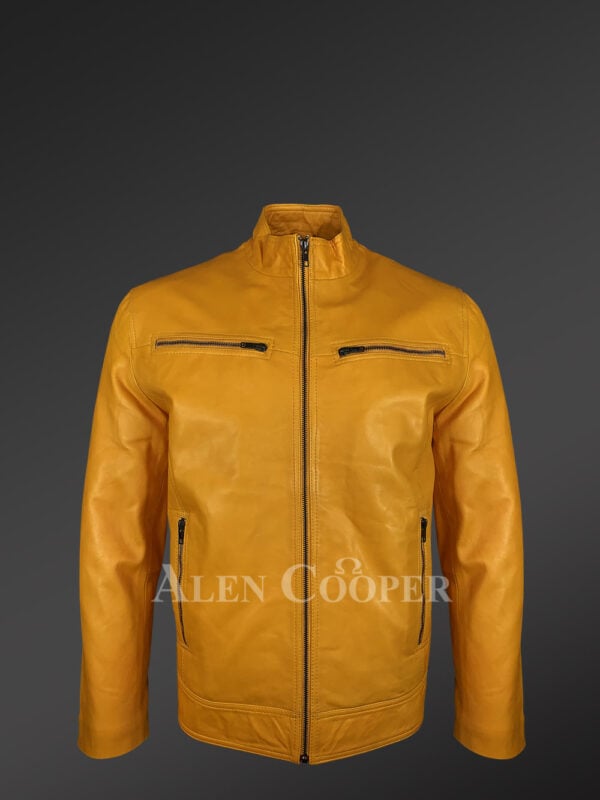 Men’s Real Leather Tan Jacket with Mandarin Collar