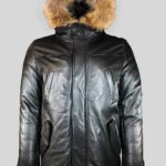 Puffy leather jacket with stylish fur trim hood