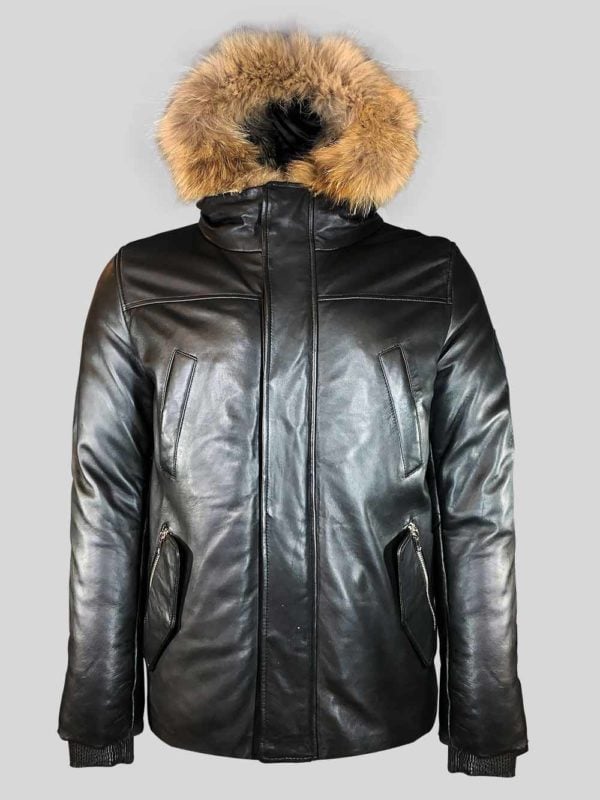 Puffy leather jacket with stylish fur trim hood