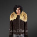 Real shearling jacket with stylish raccoon fur collar With Model
