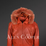 Rust color real leather jacket with real fur hood for mens new
