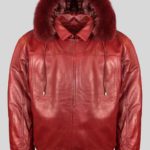 WINE COLOR PURE LEATHER JACKET WITH REAL FUR HOOD