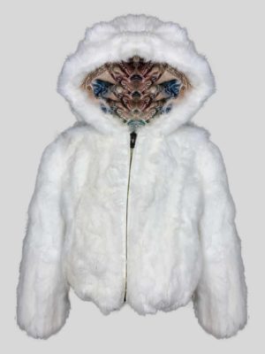 Snow-white real fur outerwear with hood