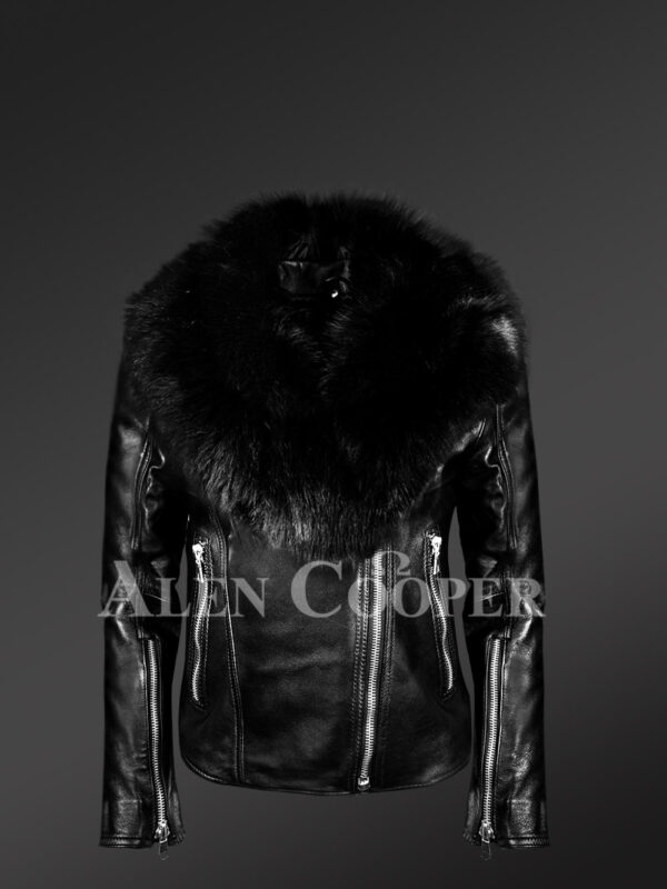 Classy Black Leather Motorcycle Jacket with Detachable Black Fox Fur Collar