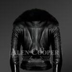 Classy Black Leather Motorcycle Jacket with Detachable Black Fox Fur Collar back side view