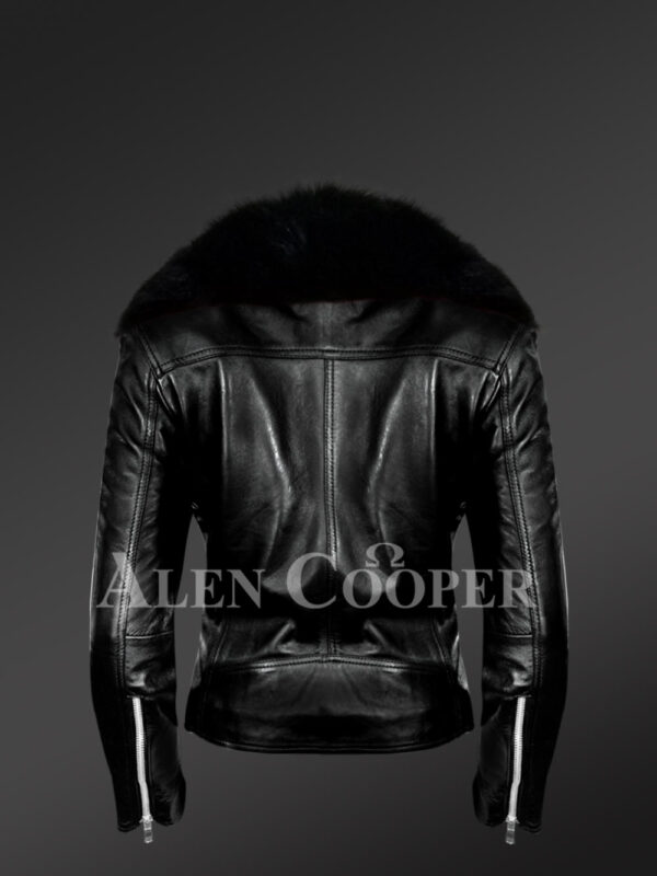 Classy Black Leather Motorcycle Jacket with Detachable Black Fox Fur Collar back side view