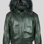 Greenish real leather bomber styled jacket with fur hood