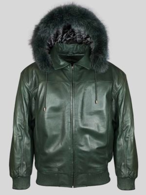 Greenish real leather bomber styled jacket with fur hood