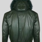 Greenish real leather bomber styled jacket with fur hood back side view