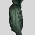 Greenish real leather bomber styled jacket with fur hood side view