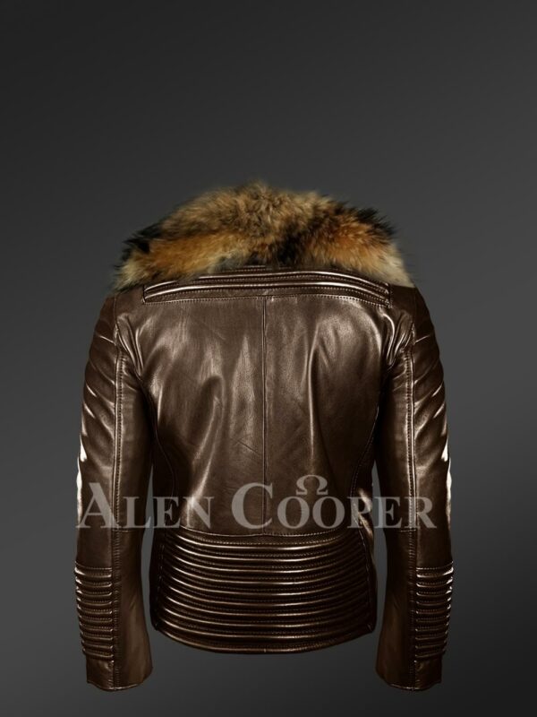 Men's Quilted Coffee Leather Motorcycle Jacket with Detachable Raccoon Fur Collar