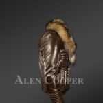 Mens Quilted Coffee Leather Motorcycle Jacket with Detachable Raccoon Fur Collar new side view (1)
