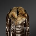 Men's Quilted Coffee Leather Motorcycle Jacket with Detachable Raccoon Fur Collar new view
