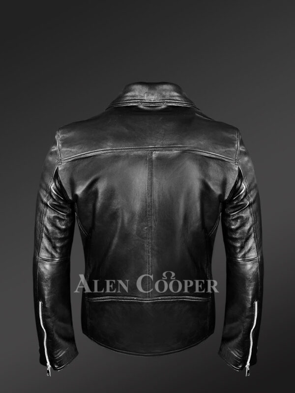 Men’s Black Leather Motorcycle Biker Jacket new Back side view