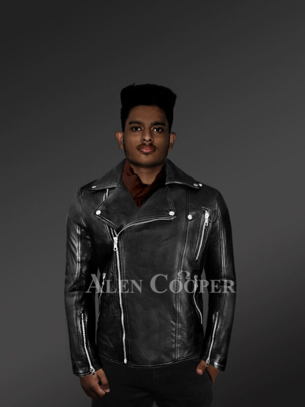 Men’s Black Leather Motorcycle Biker Jacket with Model
