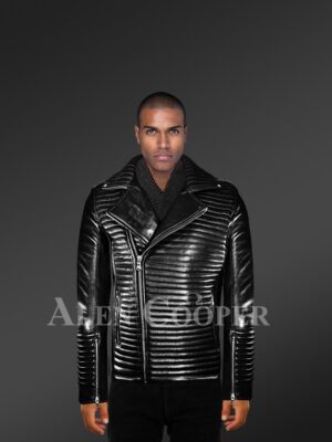 Men’s Quilted Black Leather Motorcycle Jacket with Model