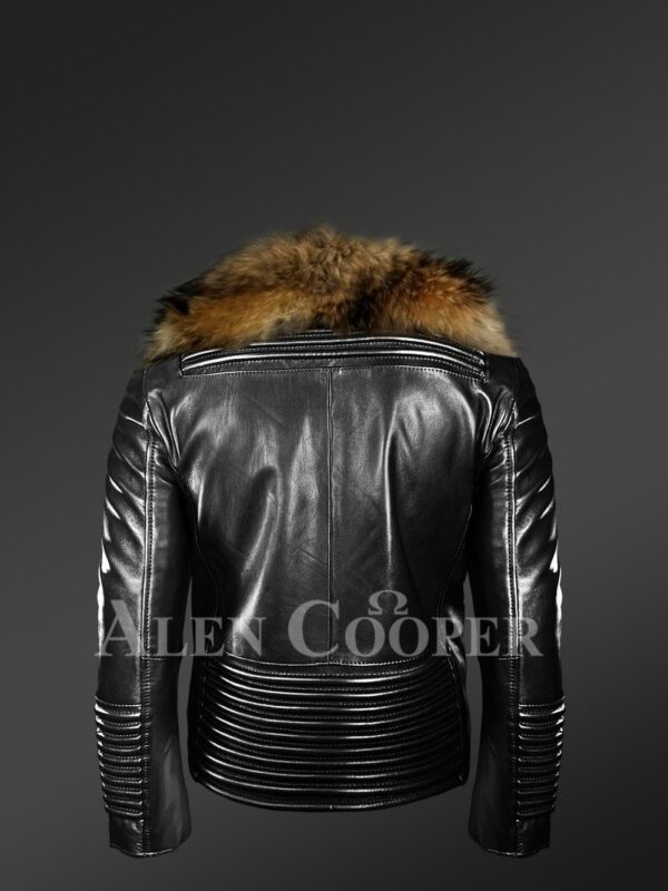 New Men's Quilted Black Leather Biker Moto Jacket with Raccoon Fur Collar Back side view