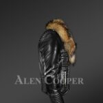 New Men's Quilted Black Leather Biker Moto Jacket with Raccoon Fur Collar side view
