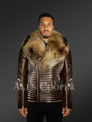 New Mens Quilted Coffee Leather Motorcycle Jacket with Detachable Raccoon Fur Collar new side view (3)