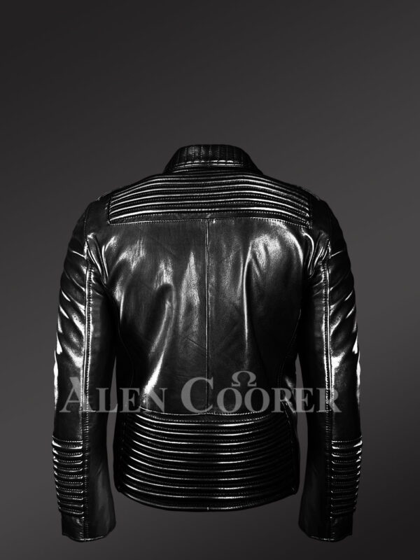 New Men’s Quilted Black Leather Motorcycle Jacket Back side view